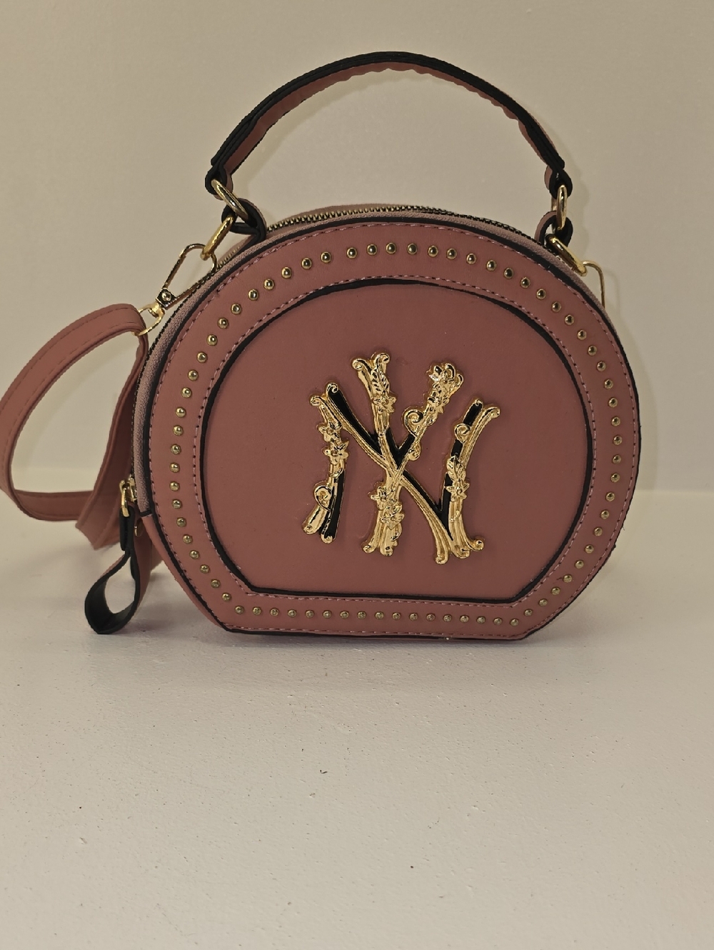 NY Collection Round Studded Mini Crossbody Bag - Mauve Pink with Gold Accent